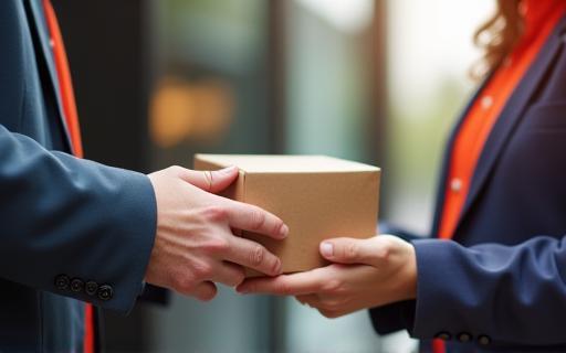 Courier handing over meal box to customer outside London office